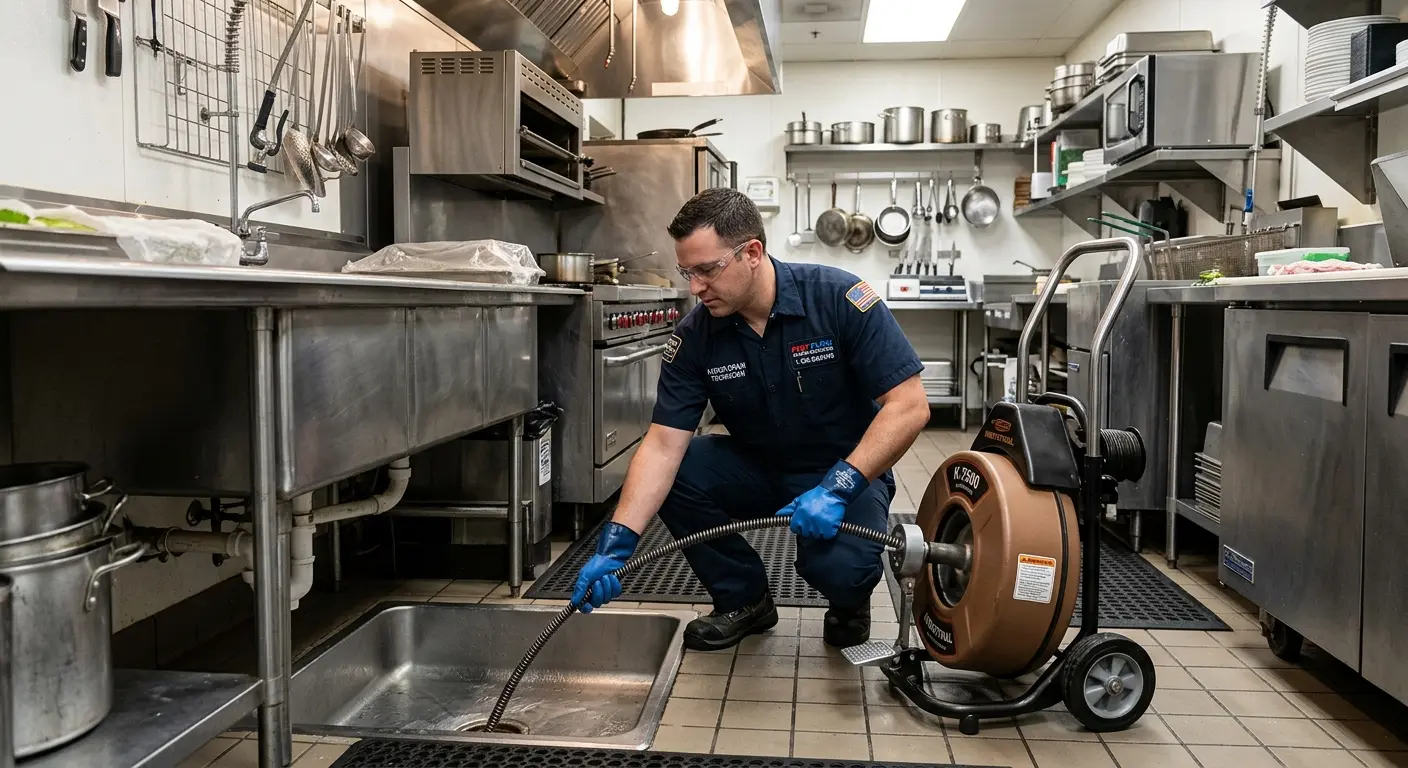 Commercial drain cleaning service in a restaurant kitchen in West Goshen