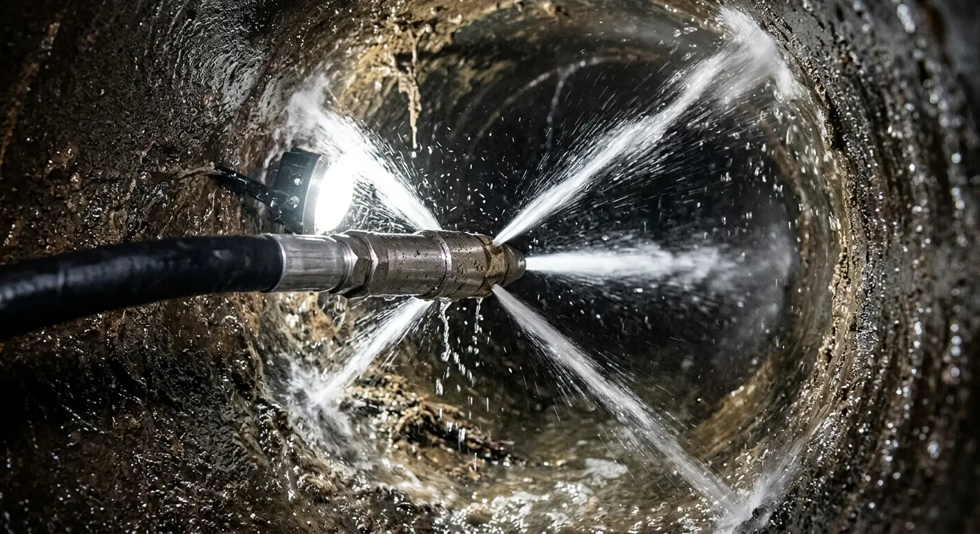 High-pressure hydro jetting nozzle cleaning sewer pipe for Sewer Cleanout in West Goshen