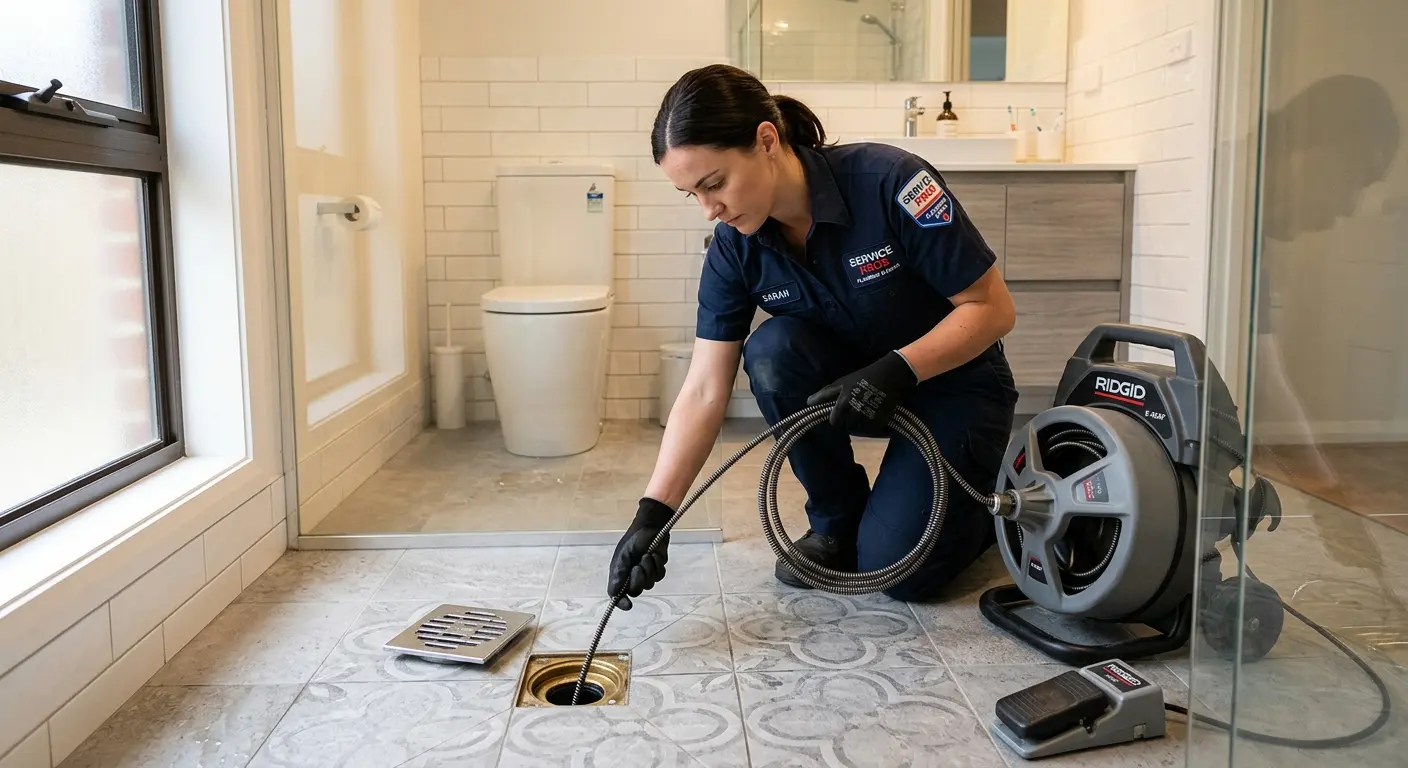 Technician clearing a bathroom floor drain for Hydro Jetting in West Goshen